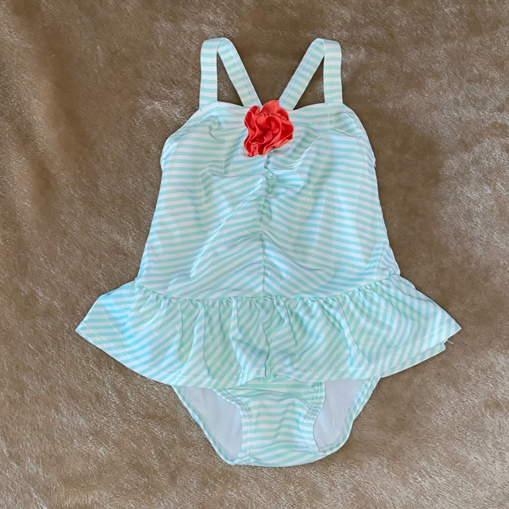 Aqua Striped Kids Swimwear with Red Accent